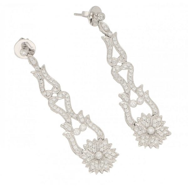 Contemporary 2.85ct Diamond Flower Cluster Drop Pendant Earrings