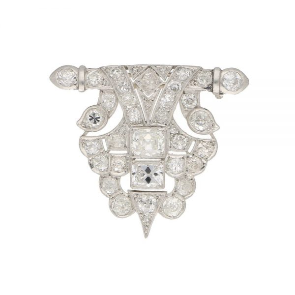 Vintage Geometric Panel 5.2ct Diamond Brooch in Platinum; tapering scrolled and scalloped motifs set with 5.20 carats of old mine-cut, old European-cut, single-cut and transitional-cut diamonds