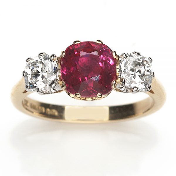 Burmese Ruby and Diamond Three Stone Ring