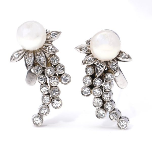 Antique South Sea Pearl and Rose Cut Diamond Clip On Earrings in Platinum