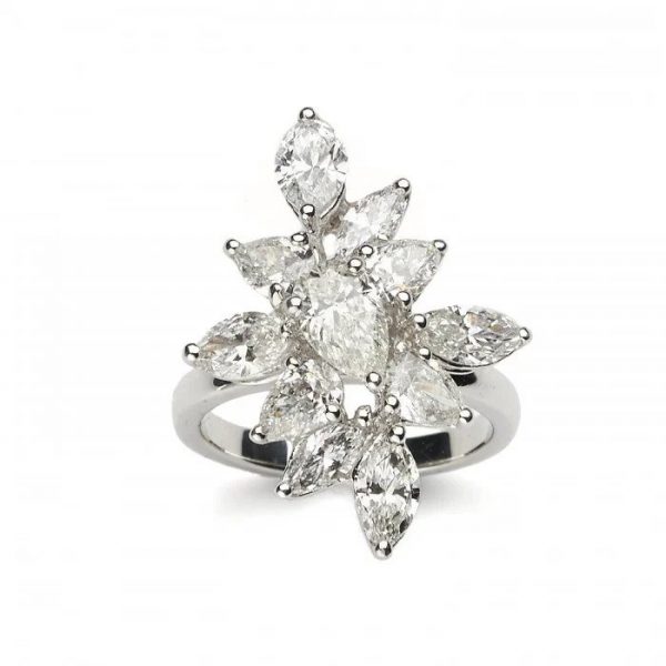 3.71ct Fancy Diamond Cluster Dress Ring in Platinum; set with 3.71 carats of pear-shape and marquise-shape diamonds in a navette design, all claw set and mounted in platinum