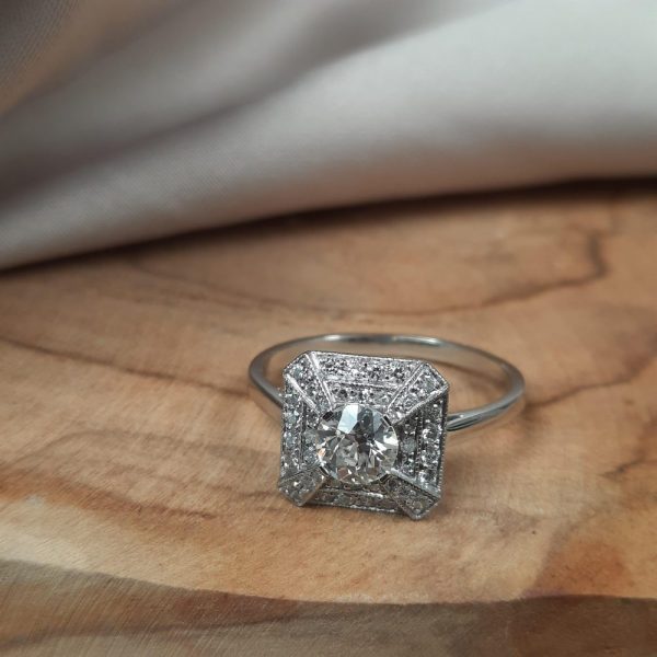Art Deco Style Old Cut Diamond Cluster Ring in Platinum