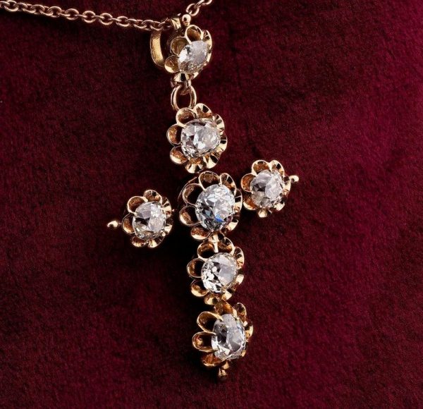 Antique Victorian 5.1ct Old Mine Cut Diamond Cross Pendant