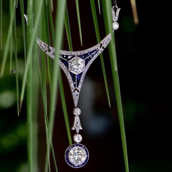 Antique Belle Epoque Sapphire and Diamond Pendant Necklace