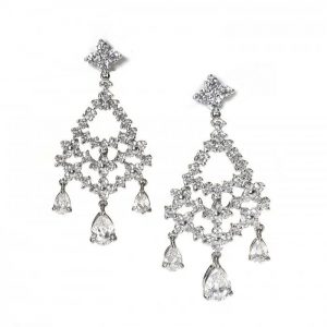 Contemporary Diamond Chandelier Earrings in Platinum, 5.32 carat total; pear-shape diamond pendant drops suspended by an open brilliant-cut diamond-set frame