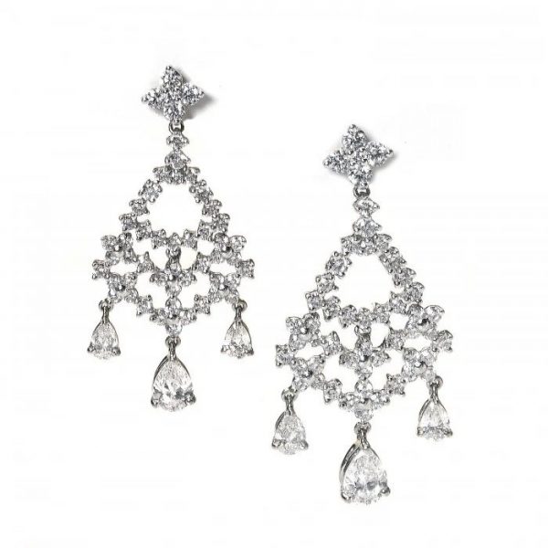 Contemporary Diamond Chandelier Earrings in Platinum, 5.32 carat total; pear-shape diamond pendant drops suspended by an open brilliant-cut diamond-set frame