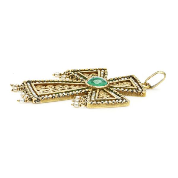 Byzantine Inspired 18ct Gold, Emerald and Seed Pearl Cross Pendant
