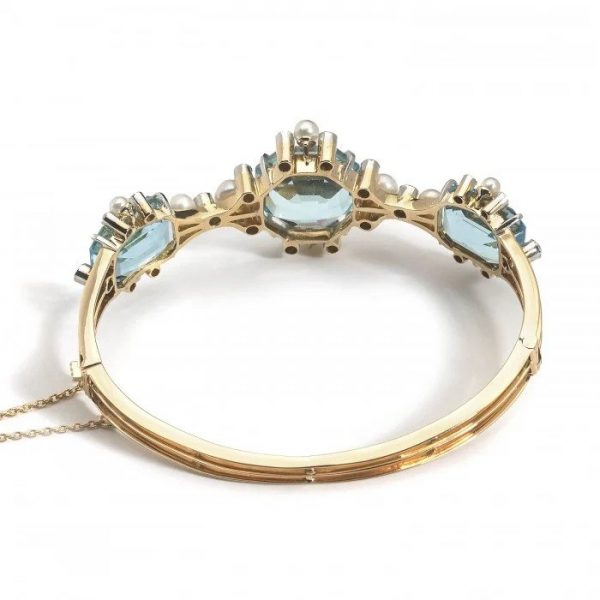 Antique Edwardian Aquamarine Natural Pearl and Diamond Bangle Bracelet by Birks of Canada, Circa 1905