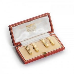 Vintage Cartier 18ct Yellow Gold Bar Cufflinks, with reeded square cross sections and bar fittings, in original Cartier box. Signed and numbered, with JC maker's mark and London Hallmark for 1957