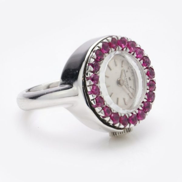 Vintage ladies Baume and Mercier Platinum Watch Ring with Rubies