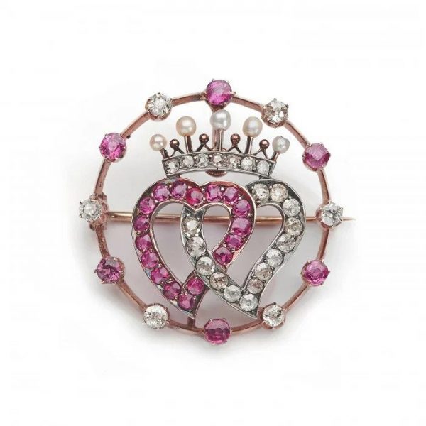 Antique Ruby Pearl Diamond Luckenbooth Double Heart Brooch; set with Burma rubies and old-cut diamonds, with a coronet of three natural seed pearls, American, Circa 1910