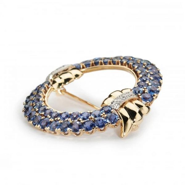 Vintage 1950s Montana Sapphire Brooch with Diamonds in 14ct Yellow Gold