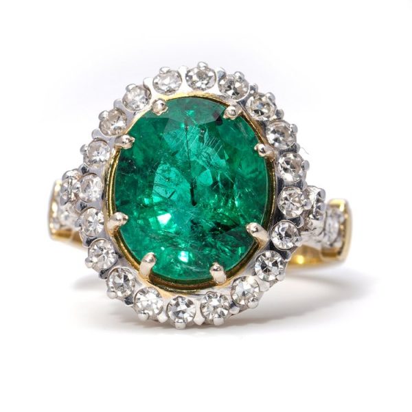 4ct Zambian Emerald and Diamond Cluster Ring in 18ct Yellow Gold, minor oil