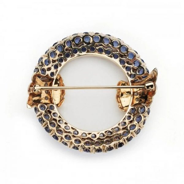 Vintage 1950s Montana Sapphire Brooch with Diamonds in 14ct Yellow Gold