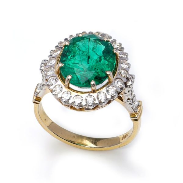 4ct Zambian Emerald and Diamond Cluster Ring in 18ct Yellow Gold, minor oil