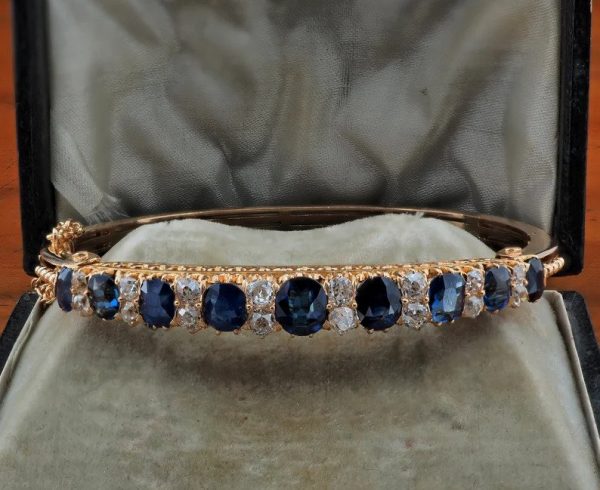 Antique Victorian 7.2ct Natural Sapphire and Diamond Bangle Bracelet 18ct Yellow Gold