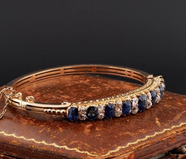 Antique Victorian 7.2ct Natural Sapphire and Diamond Bangle Bracelet 18ct Yellow Gold