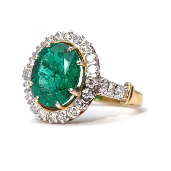 4ct Zambian Emerald and Diamond Cluster Ring in 18ct Yellow Gold, minor oil