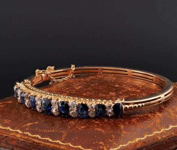 Antique Victorian 7.2ct Natural Sapphire and Diamond Bangle Bracelet 18ct Yellow Gold