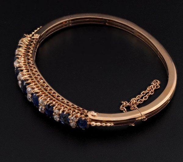 Antique Victorian 7.2ct Natural Sapphire and Diamond Bangle Bracelet 18ct Yellow Gold