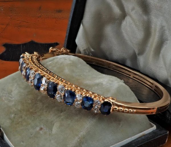 Antique Victorian 7.2ct Natural Sapphire and Diamond Bangle Bracelet 18ct Yellow Gold