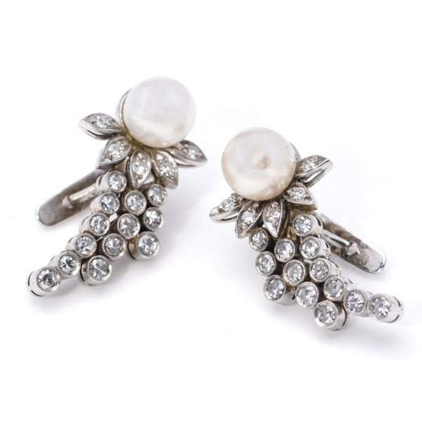 Antique South Sea Pearl and Rose Cut Diamond Clip On Earrings in Platinum