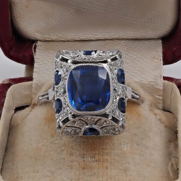 Art Deco French 2.81ct Burma Sapphire and Diamond Cocktail Ring in Platinum with Certificate