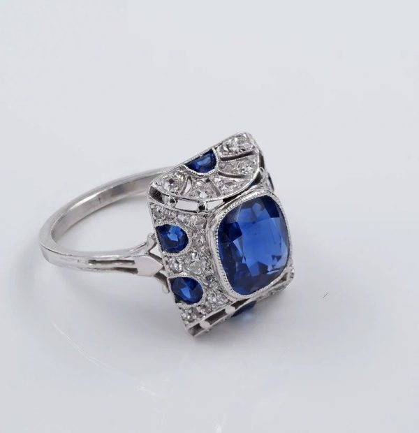 Art Deco French 2.81ct Burma Sapphire and Diamond Cocktail Ring in Platinum with Certificate