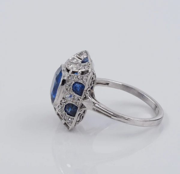 Art Deco French 2.81ct Burma Sapphire and Diamond Cocktail Ring in Platinum with Certificate