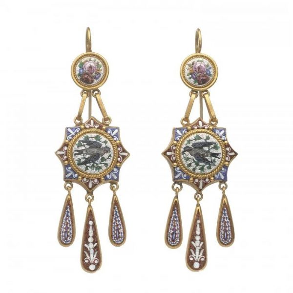 Antique 19th Century Italian Micromosaic and Gold Drop Earrings, Etruscan Revival style, Circa 1870