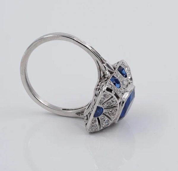 Art Deco French 2.81ct Burma Sapphire and Diamond Cocktail Ring in Platinum with Certificate
