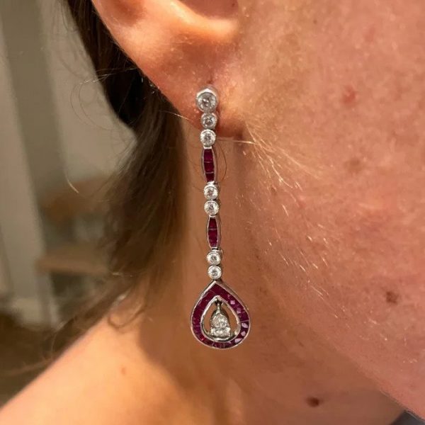 Contemporary Art Deco Style 2.90ct Ruby and Diamond Drop Earrings in Platinum