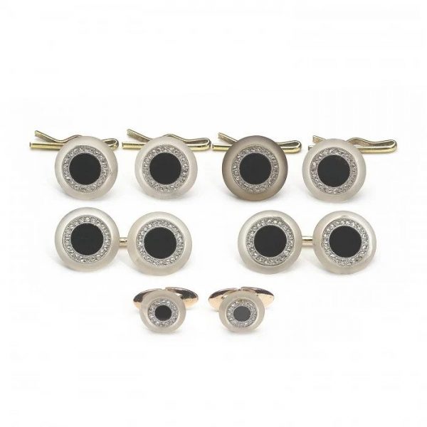 Art Deco French Black Onyx Diamond and Rock Crystal Dress Set by Georges Thibault; comprising cufflinks, collar studs and buttons, in platinum and gold, Circa 1925