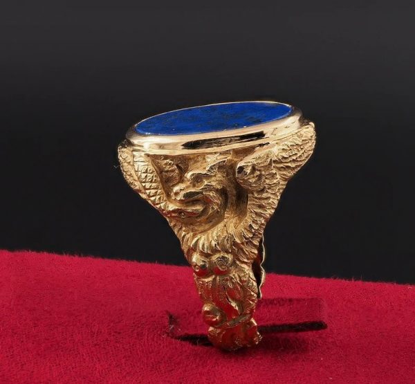 Vintage Lapis Lazuli and Sculptured Gold Signet Dress Ring