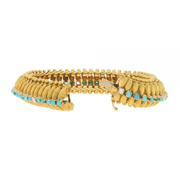 Vintage 1960s Yellow Gold Bracelet with Turquoise and Diamonds