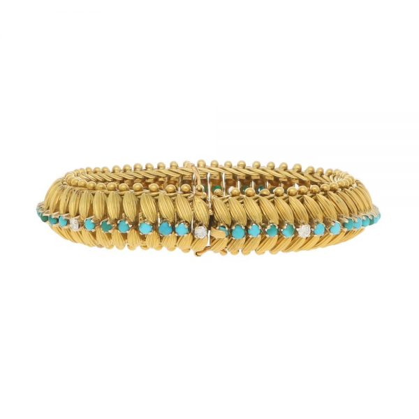 Vintage 1960s Yellow Gold Bracelet with Turquoise and Diamonds