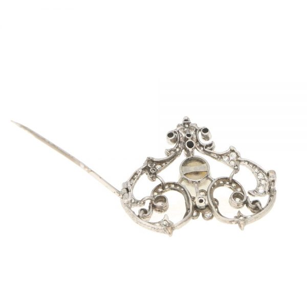Antique Edwardian Pearl and Diamond Openwork Heart Brooch in Platinum