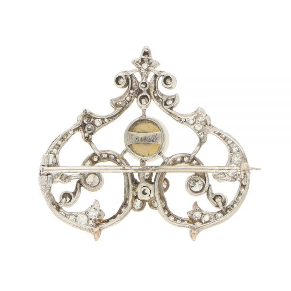 Antique Edwardian Pearl and Diamond Openwork Heart Brooch in Platinum