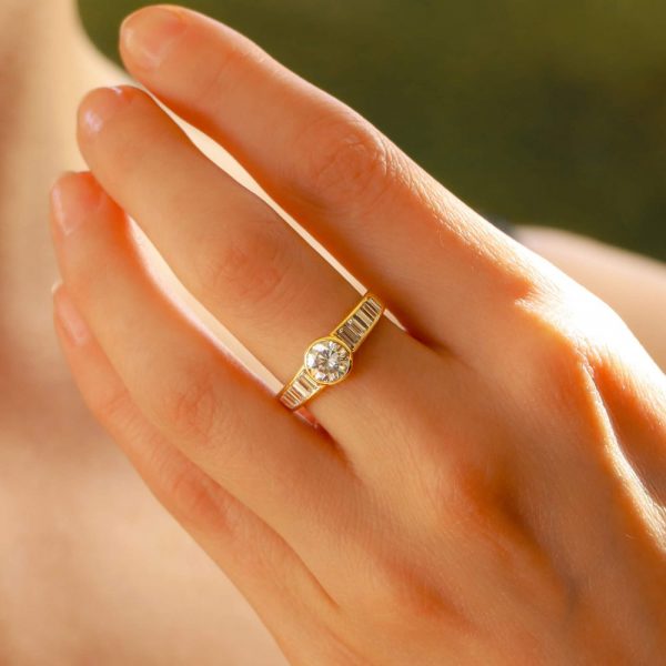 Contemporary 1ct Diamond Ring with Baguette Shoulders in 18ct Yellow Gold 2ct total