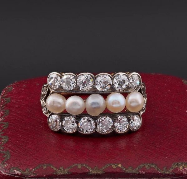 Art Deco Natural Pearl and 1.90ct Old Mine Cut Diamond Dress Ring