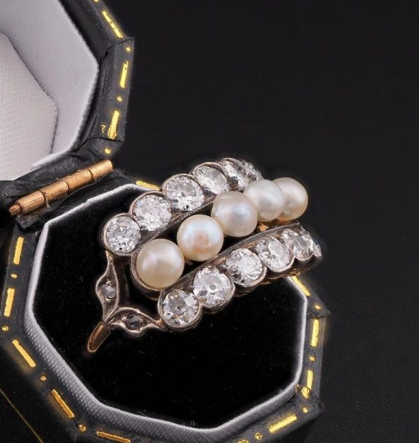 Art Deco Natural Pearl and 1.90ct Old Mine Cut Diamond Dress Ring