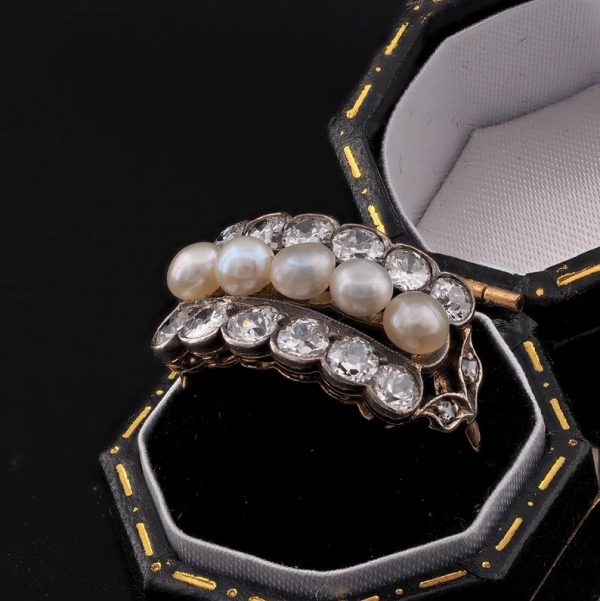 Art Deco Natural Pearl and 1.90ct Old Mine Cut Diamond Dress Ring