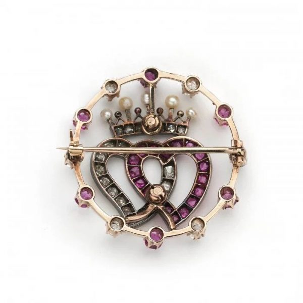 Antique Ruby Pearl and Diamond Luckenbooth Double Heart Brooch
