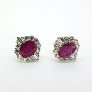Contemporary 2.82ct Oval Ruby and Diamond Cluster Earrings