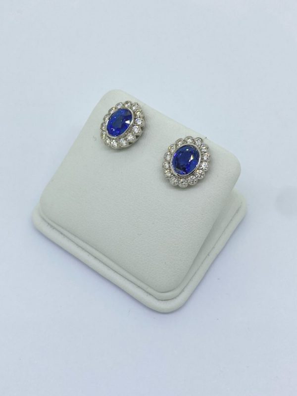 3.64ct Sapphire and Diamond Oval Floral Cluster Earrings