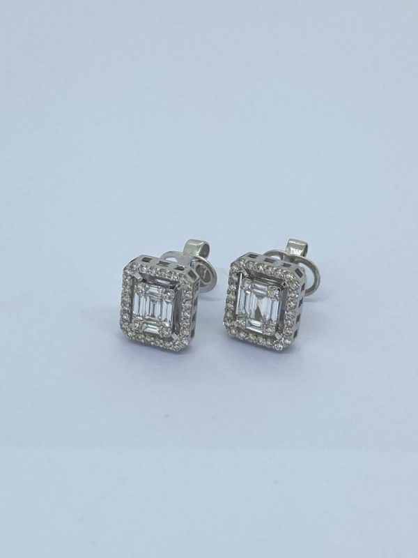 Brilliant and Baguette Diamond Cluster Earrings, 0.64 carats