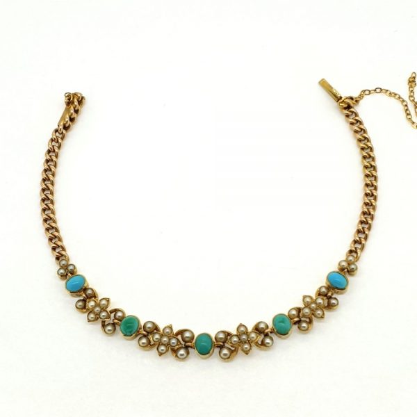 Antique Edwardian Turquoise and Pearl Bracelet in 15ct Yellow Gold
