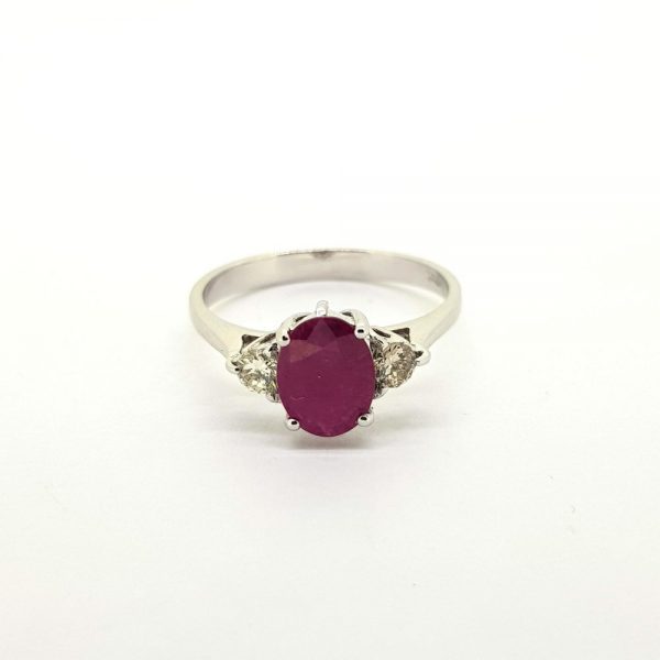 Ruby and Diamond Three Stone Ring in 18ct White Gold