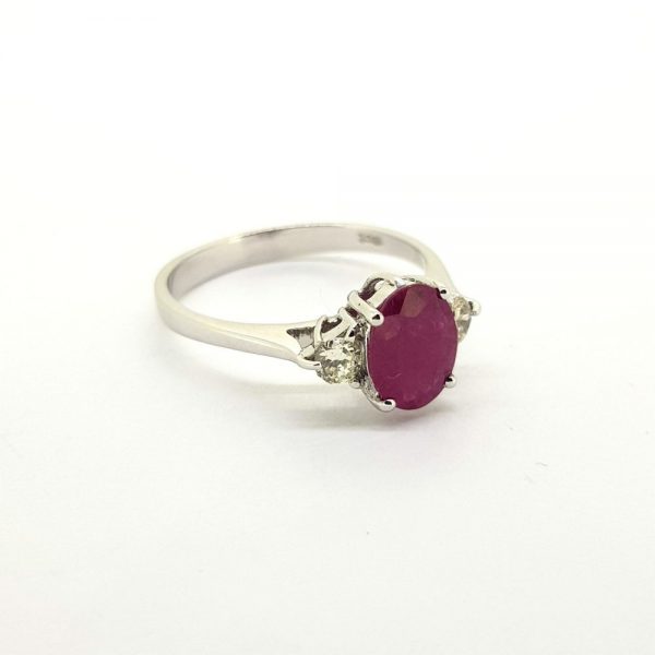 Ruby and Diamond Three Stone Ring in 18ct White Gold