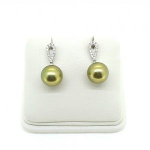 Pistachio Tahitian Pearl and Diamond Drop Earrings